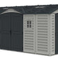 Duramax Vinyl Shed 15 x 8 Apex Pro with foundation, featuring double doors and windows for added storage convenience.