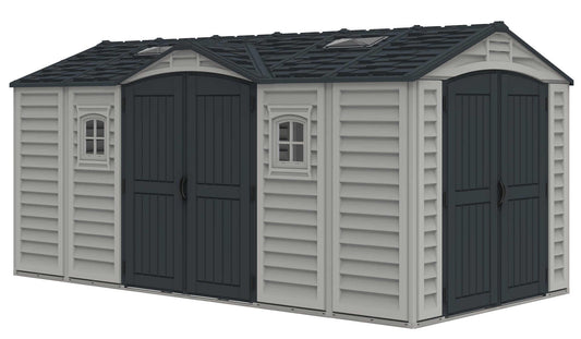Duramax Vinyl Shed 15 x 8 Apex Pro with foundation, featuring double doors and windows for added storage convenience. 
