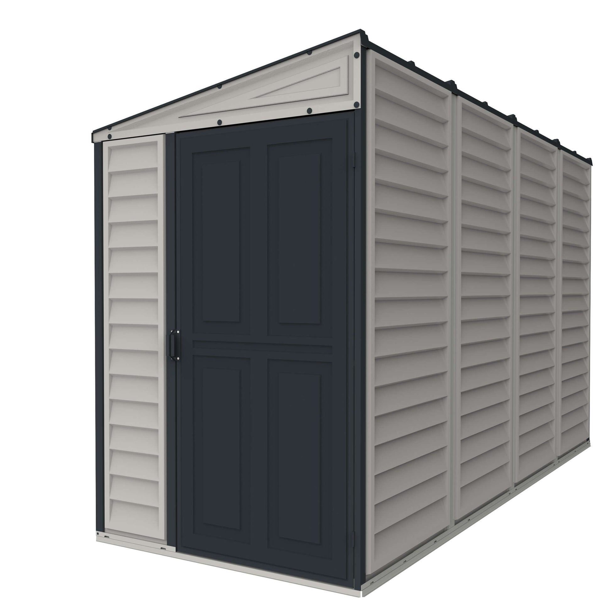 Duramax 4x10 Vinyl Shed SideMate Plus with Foundation, showcasing modern design and practical outdoor storage solutions.