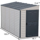 Duramax Vinyl Shed 4x10 SideMate Plus features, dimensions of 73.6" height, 126.3" length, 48.1" width.