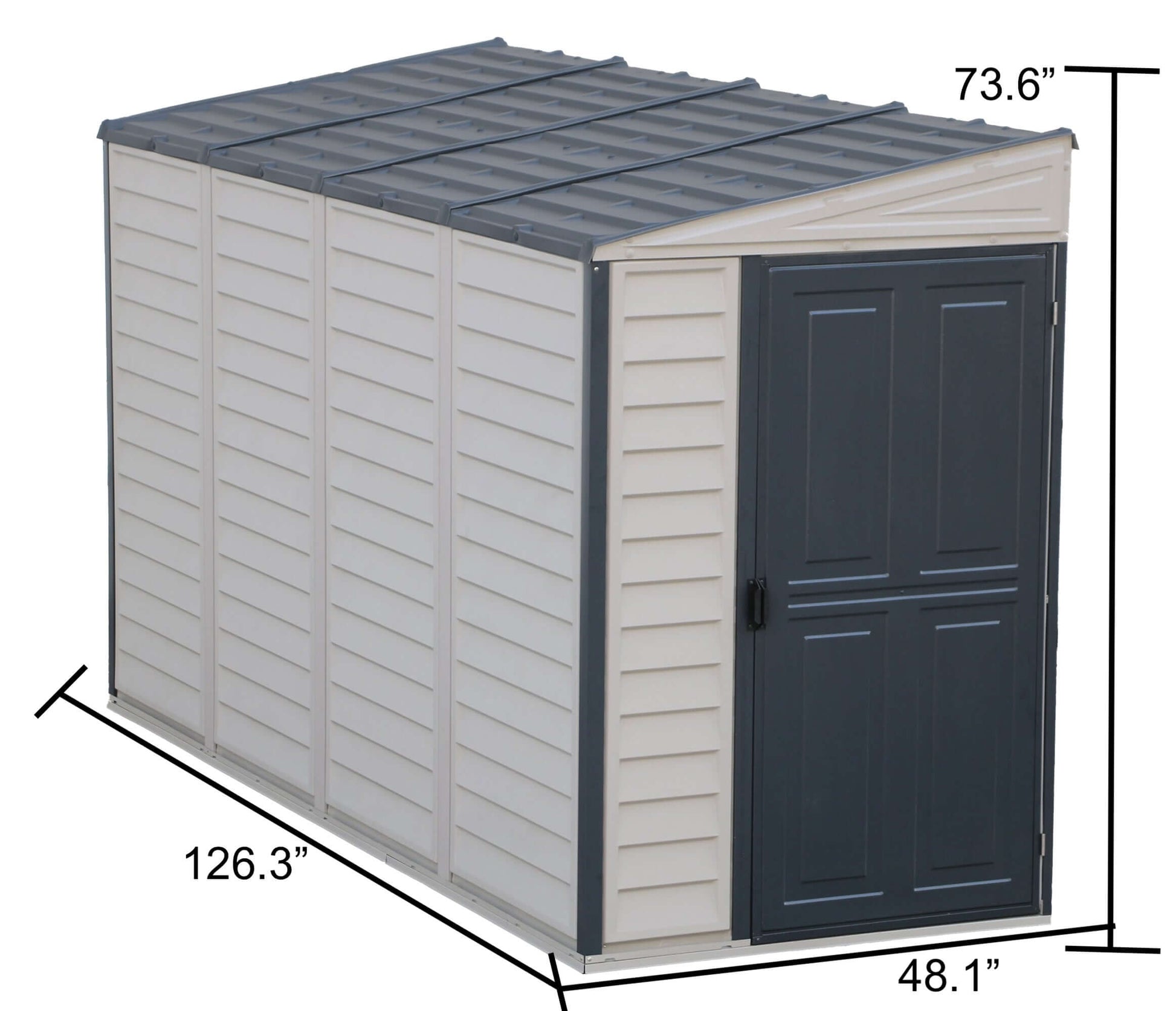 Duramax Vinyl Shed 4x10 SideMate Plus features, dimensions of 73.6" height, 126.3" length, 48.1" width.