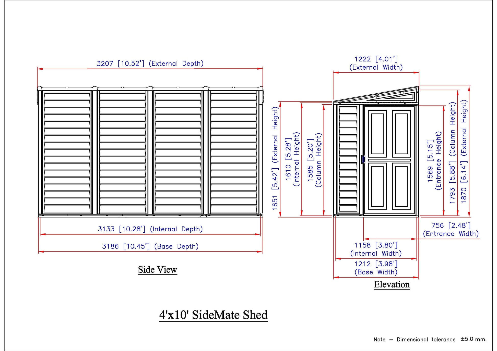 Blueprint of Duramax 4x10 SideMate Plus shed, showing side view and elevation with detailed dimensions.