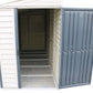 Duramax Vinyl Shed 4x10 SideMate Plus interior view showcasing spacious storage design and double doors.