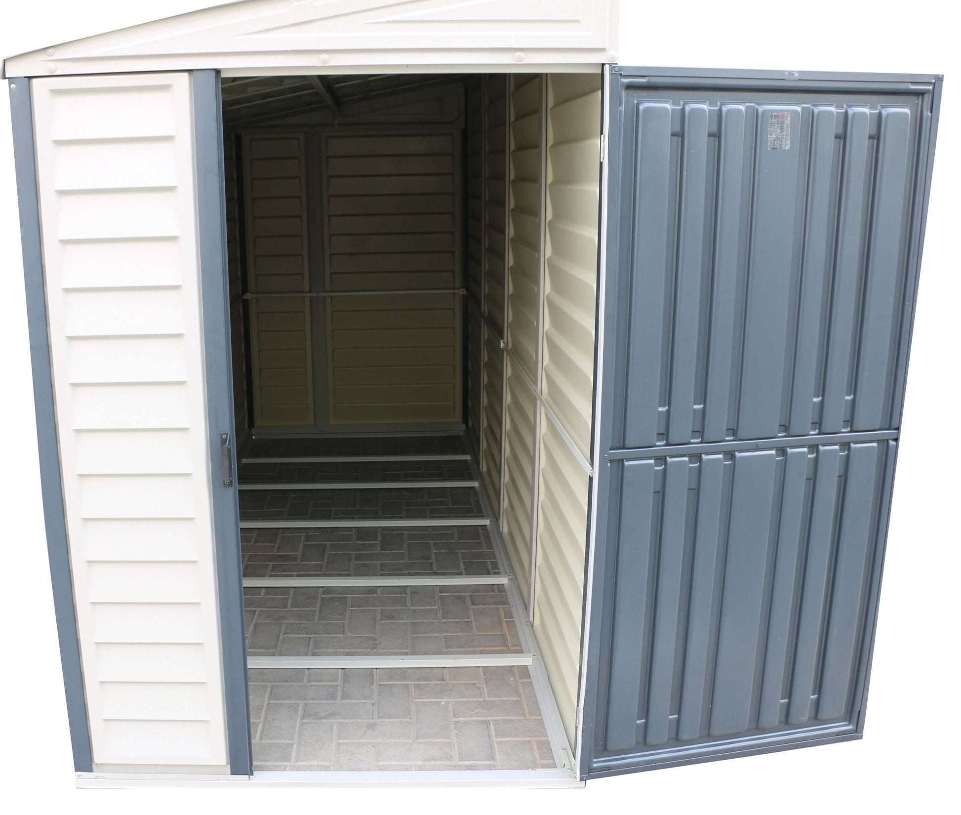 Duramax Vinyl Shed 4x10 SideMate Plus interior view showcasing spacious storage design and double doors.