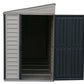 Duramax Vinyl Shed 4x10 SideMate Plus with open door, showcasing storage space and sleek modern design.