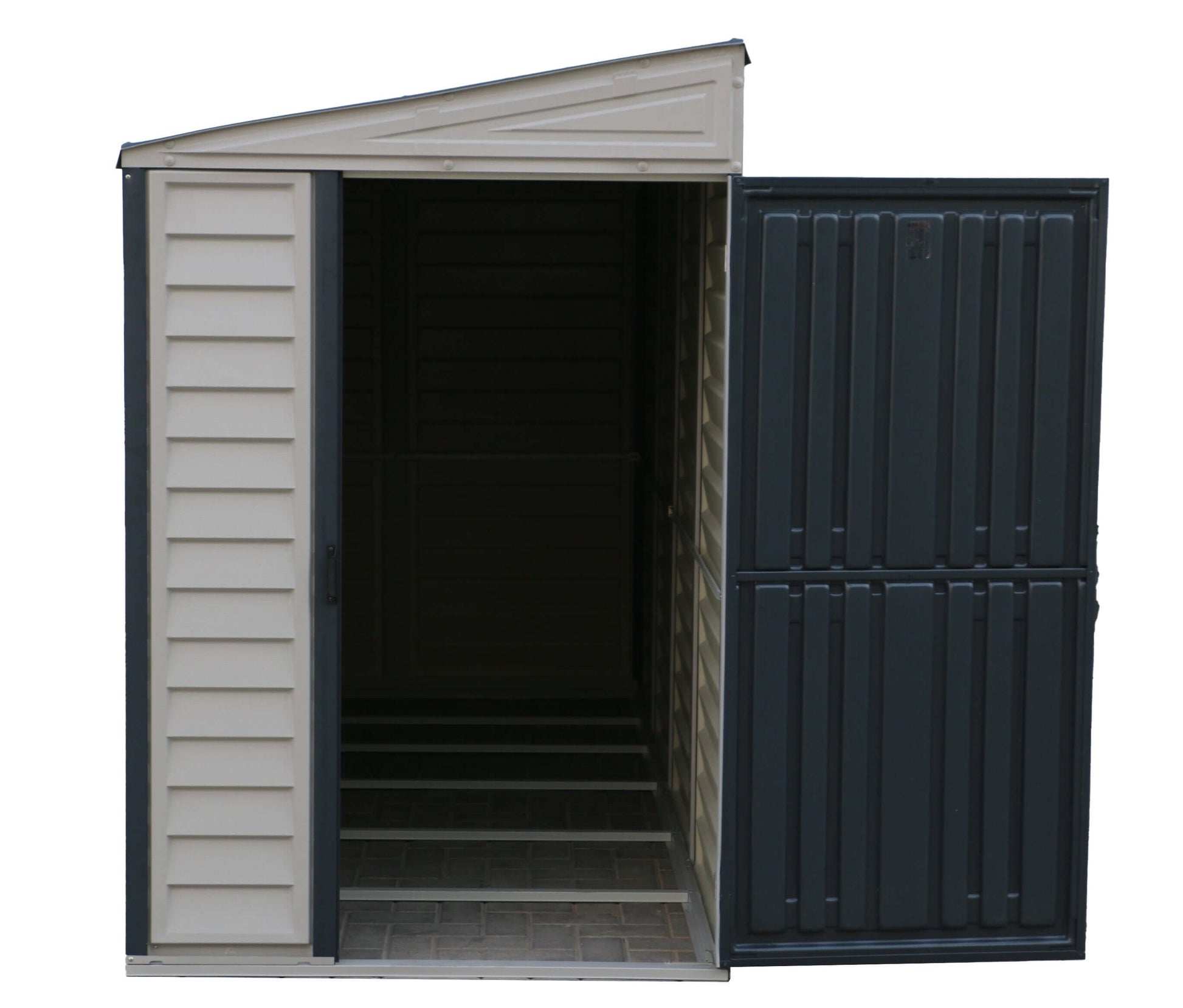 Duramax Vinyl Shed 4x10 SideMate Plus with open door, showcasing storage space and sleek modern design.