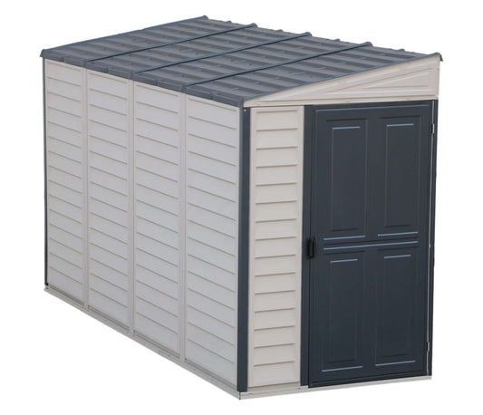 Duramax Vinyl Shed 4x10 SideMate Plus with foundation, modern outdoor storage solution.