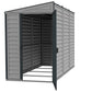 Duramax 4x8 SideMate Plus vinyl shed in gray with open doors, showcasing interior space for outdoor storage.