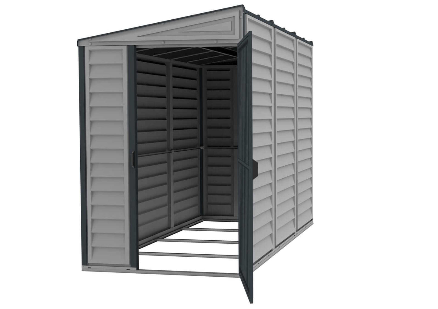 Duramax 4x8 SideMate Plus vinyl shed in gray with open doors, showcasing interior space for outdoor storage.