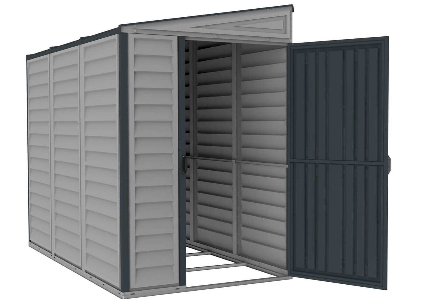 Duramax Vinyl Shed 4x8 SideMate Plus in gray, featuring an open door, showcasing its spacious interior.