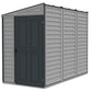 Duramax Vinyl Shed 4x8 SideMate Plus in gray color with a double door, ideal for outdoor storage solutions.