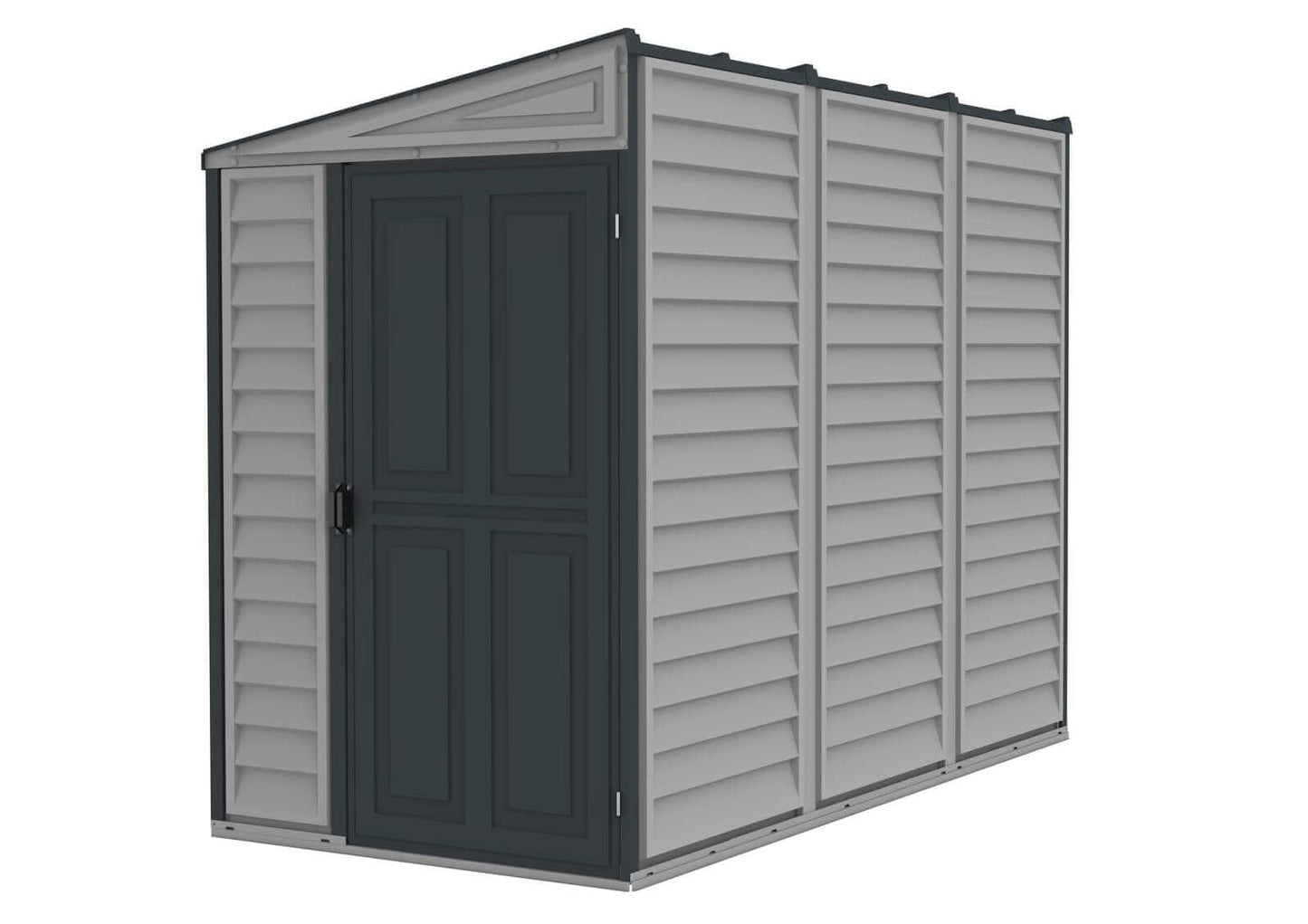 Duramax Vinyl Shed 4x8 SideMate Plus in gray color with a double door, ideal for outdoor storage solutions.