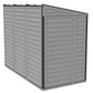 Duramax Vinyl Shed 4x8 SideMate Plus in gray with foundation, ideal for outdoor storage.