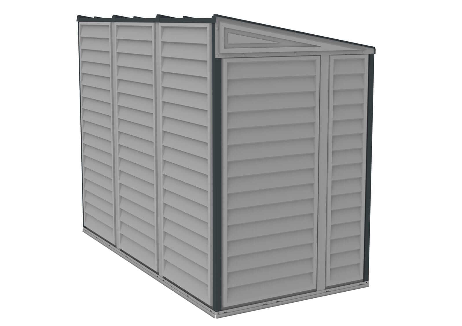 Duramax Vinyl Shed 4x8 SideMate Plus in gray with foundation, ideal for outdoor storage.