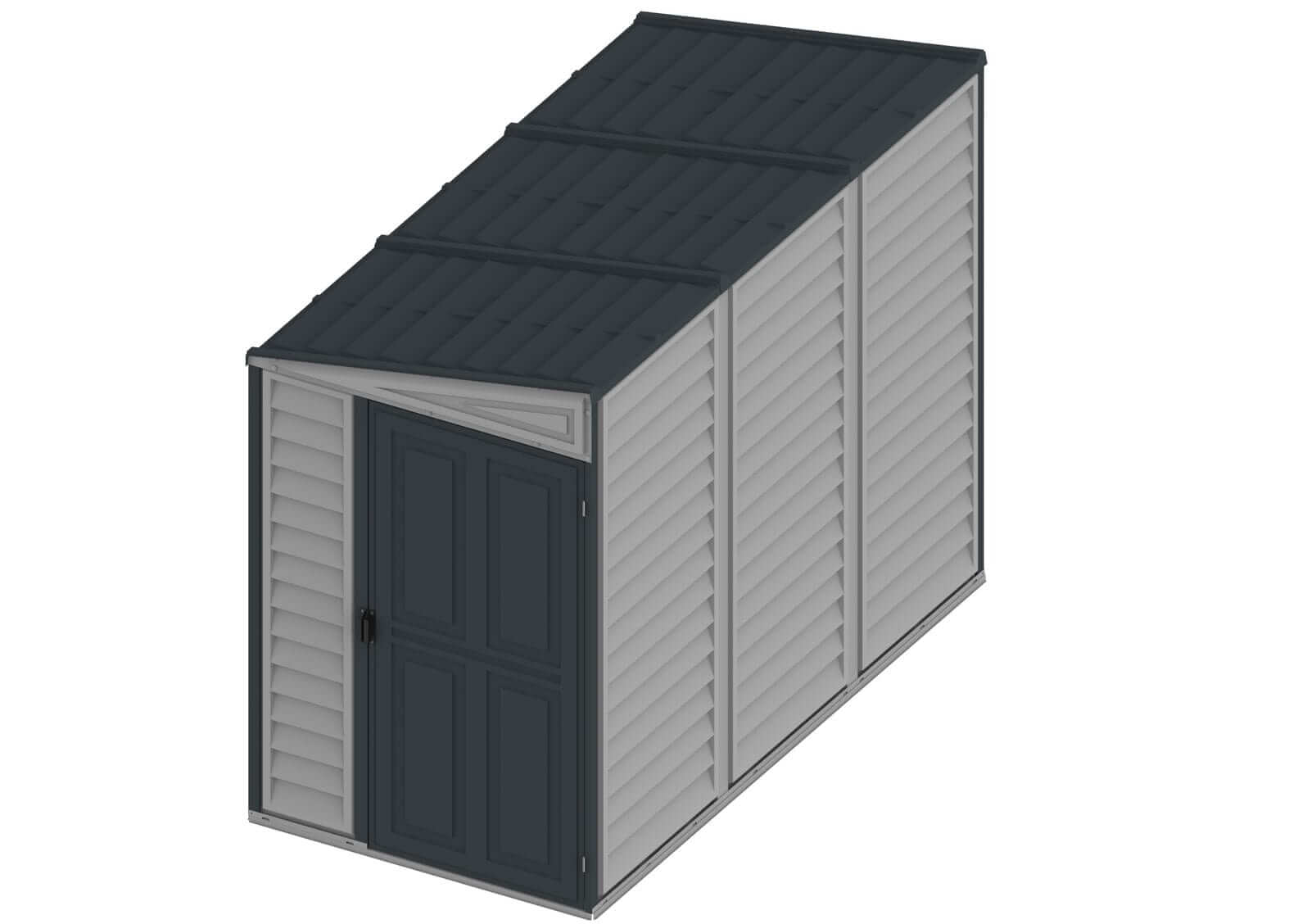 Duramax Vinyl Shed 4x8 SideMate Plus in gray color with foundation, ideal for outdoor storage solutions.