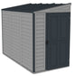 Duramax Vinyl Shed 4x8 SideMate Plus in gray, featuring a slanted roof and double doors for easy access.