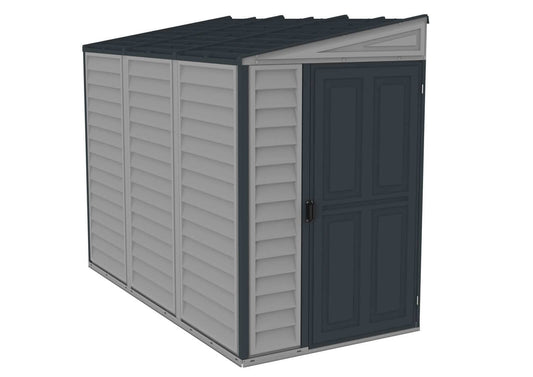 Duramax Vinyl Shed 4x8 SideMate Plus in gray, featuring a slanted roof and double doors for easy access.