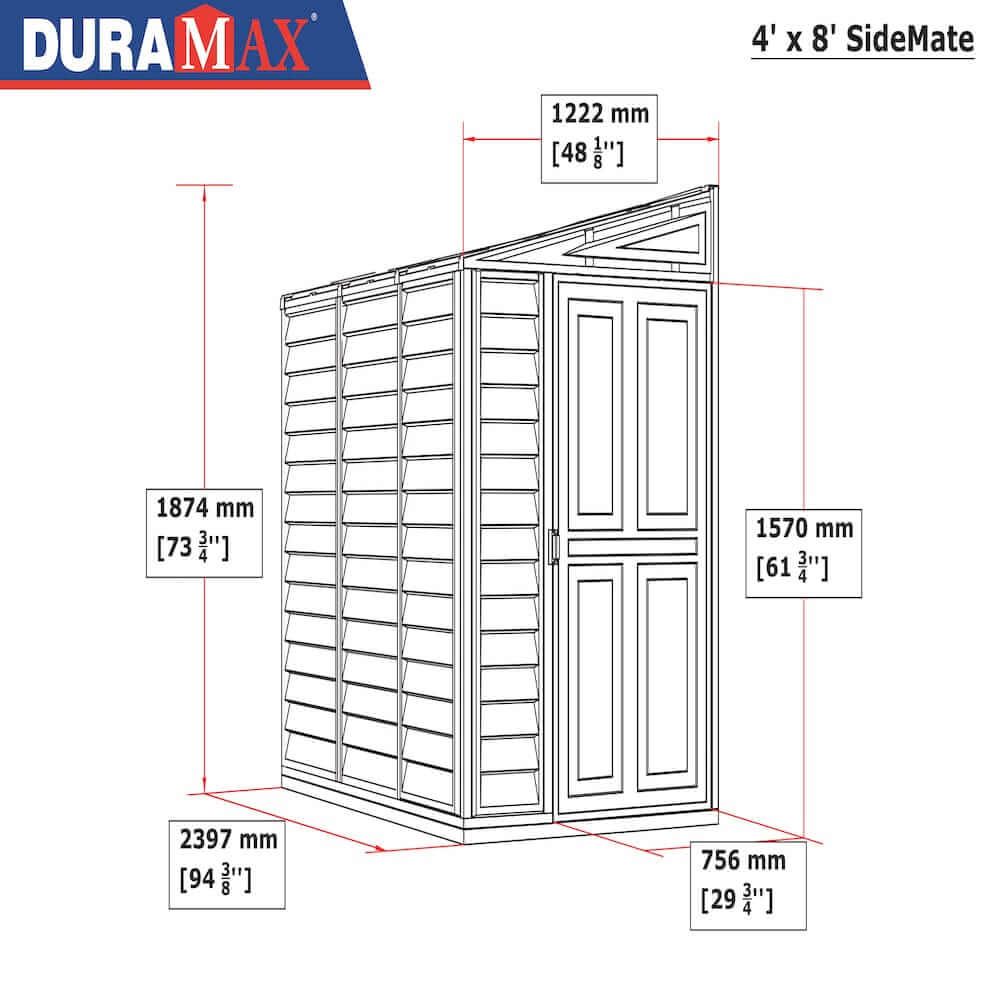 Duramax Vinyl Shed 4x8 SideMate dimensions diagram with measurements and design details.