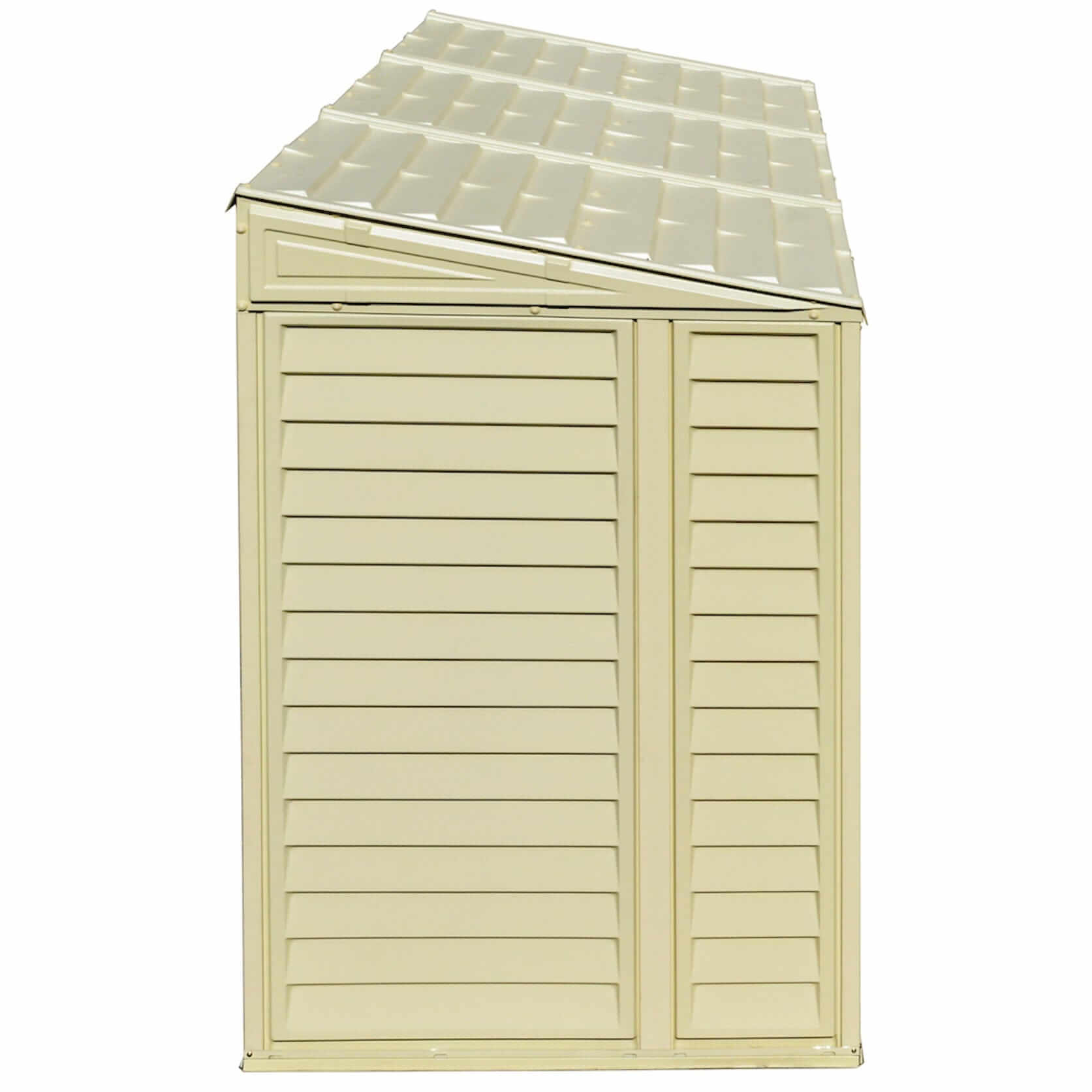 Duramax Vinyl Shed 4x8 SideMate featuring a sloped roof and textured side panels for outdoor storage.