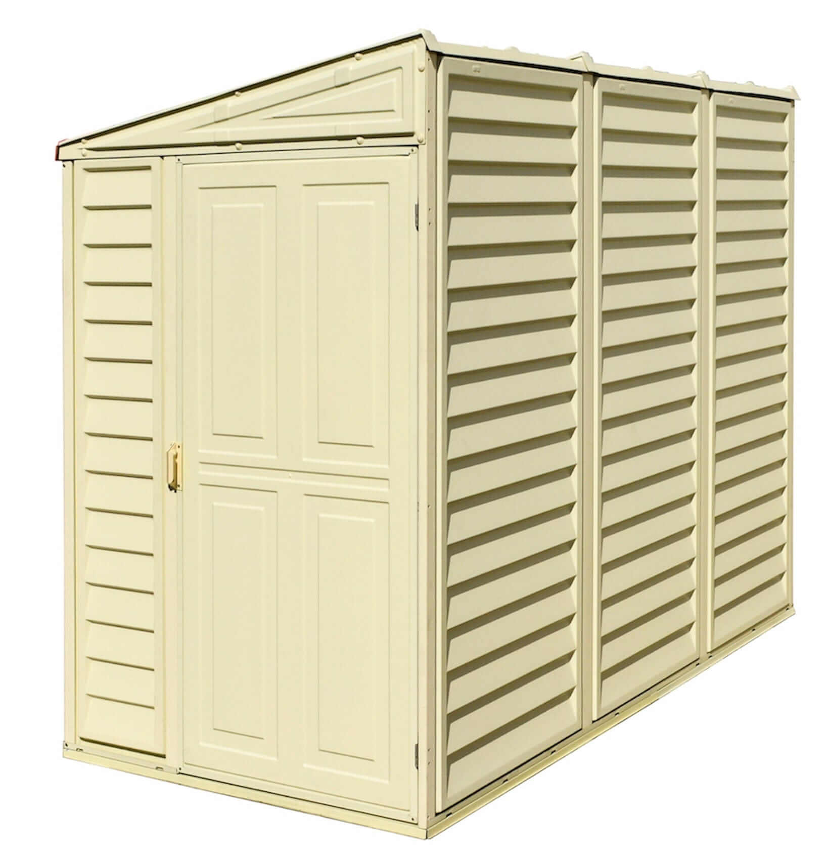 Duramax Vinyl Shed 4x8 SideMate with Foundation in light beige, compact outdoor storage solution.