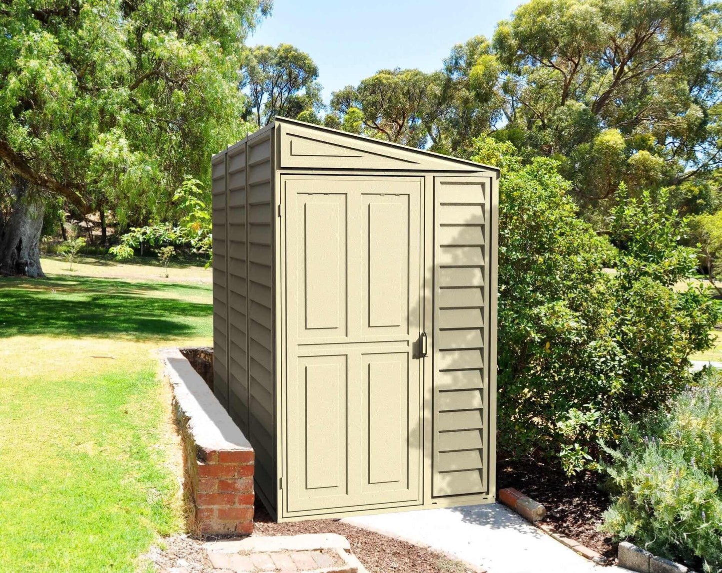 Duramax Vinyl Shed 4x8 SideMate 06625, compact outdoor storage solution in a garden setting.