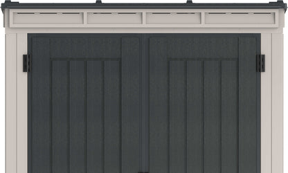 Duramax Vinyl Shed 5x3 YardMate with pent roof and double doors in dark green and beige.