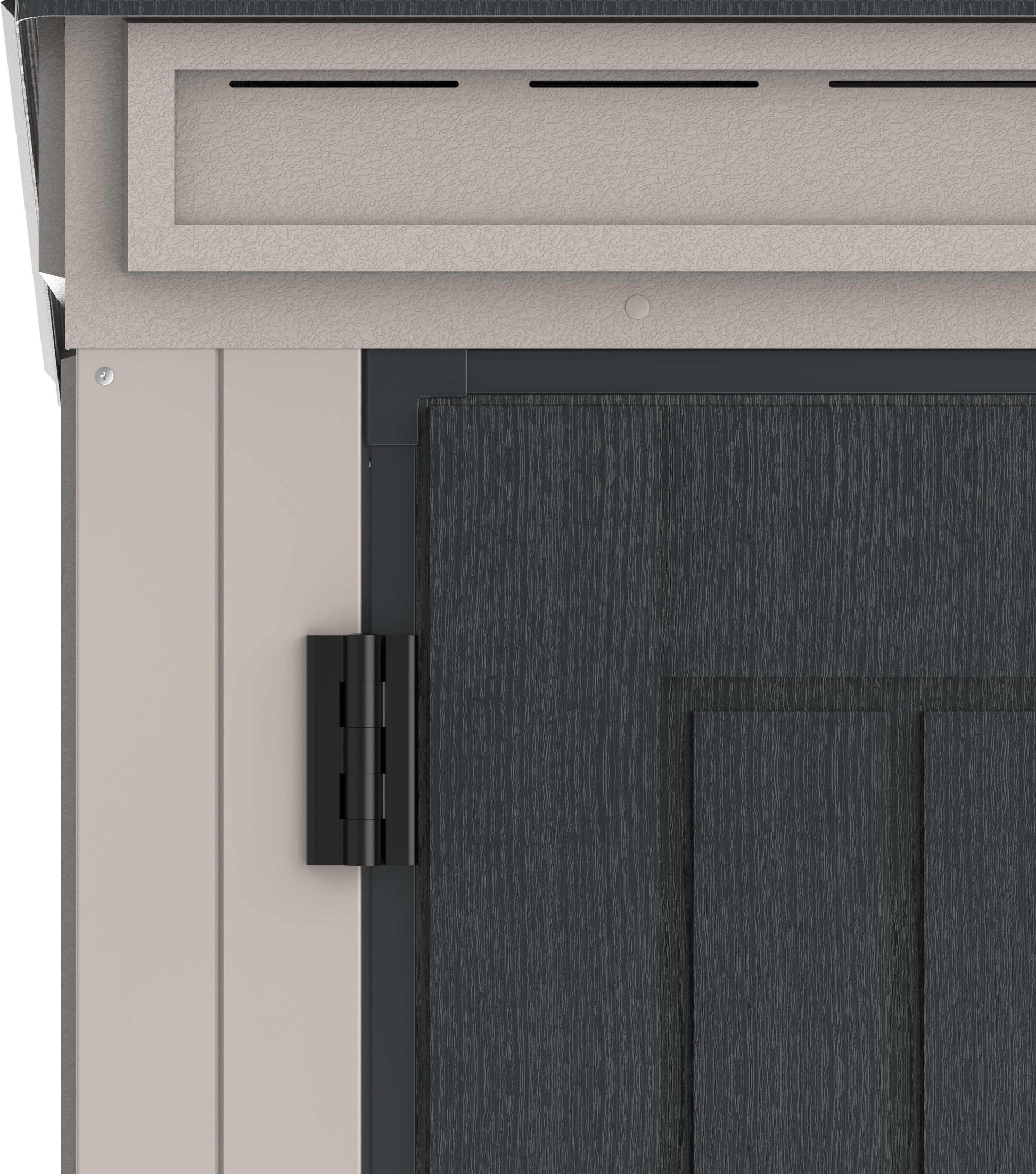 Close-up of Duramax Vinyl Shed 5x3 YardMate door and roof details, showcasing durable materials and modern design.