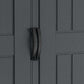 Close-up of black handle on Duramax Vinyl Shed door featuring textured grey panels.