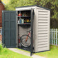 Duramax Vinyl Shed 5x3 YardMate with open doors, bike and storage inside, in a garden setting.