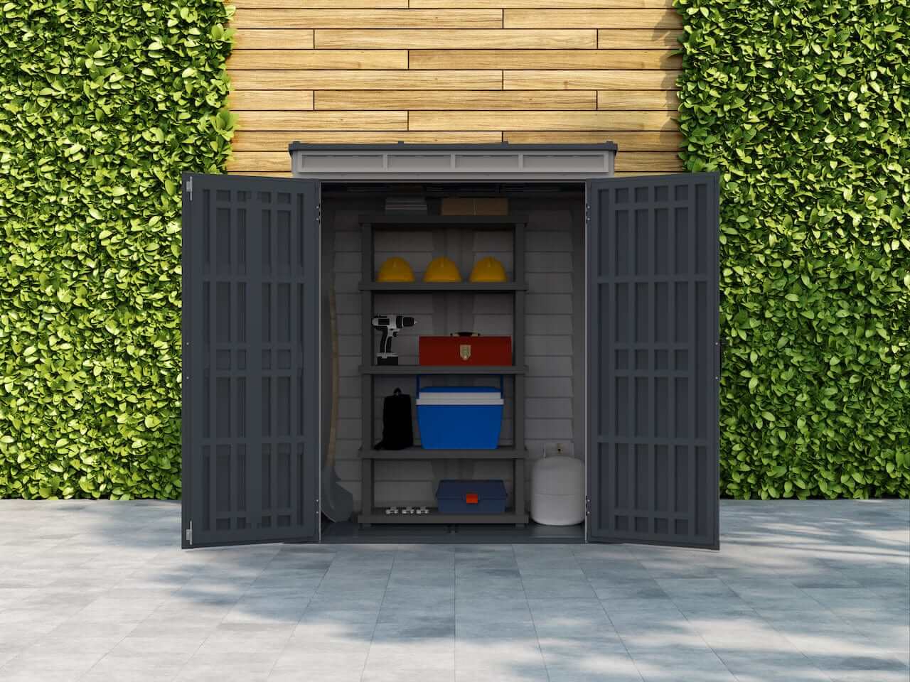 Duramax Vinyl Shed 5x3 YardMate open doors displaying organized storage for tools and equipment.