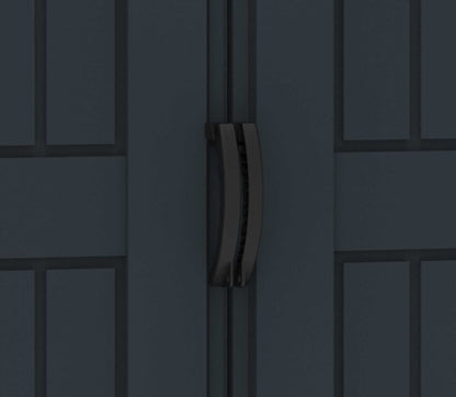 Close-up of the black handle on the Duramax Vinyl Shed 5x3 YardMate Pent Roof, showcasing door design and functionality.