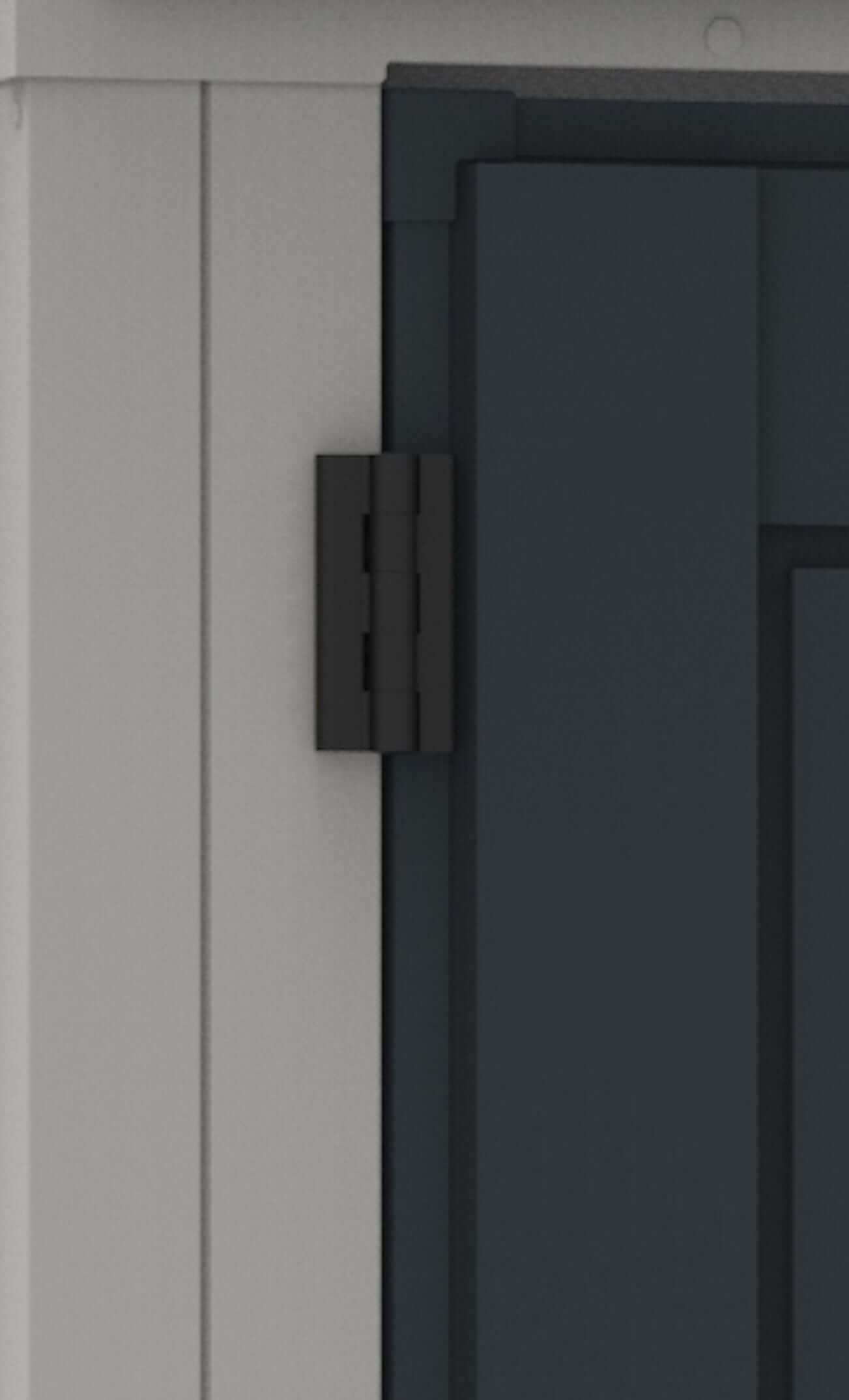 Close-up view of Duramax Vinyl Shed door hinge detail, showcasing durable hardware and sleek design.