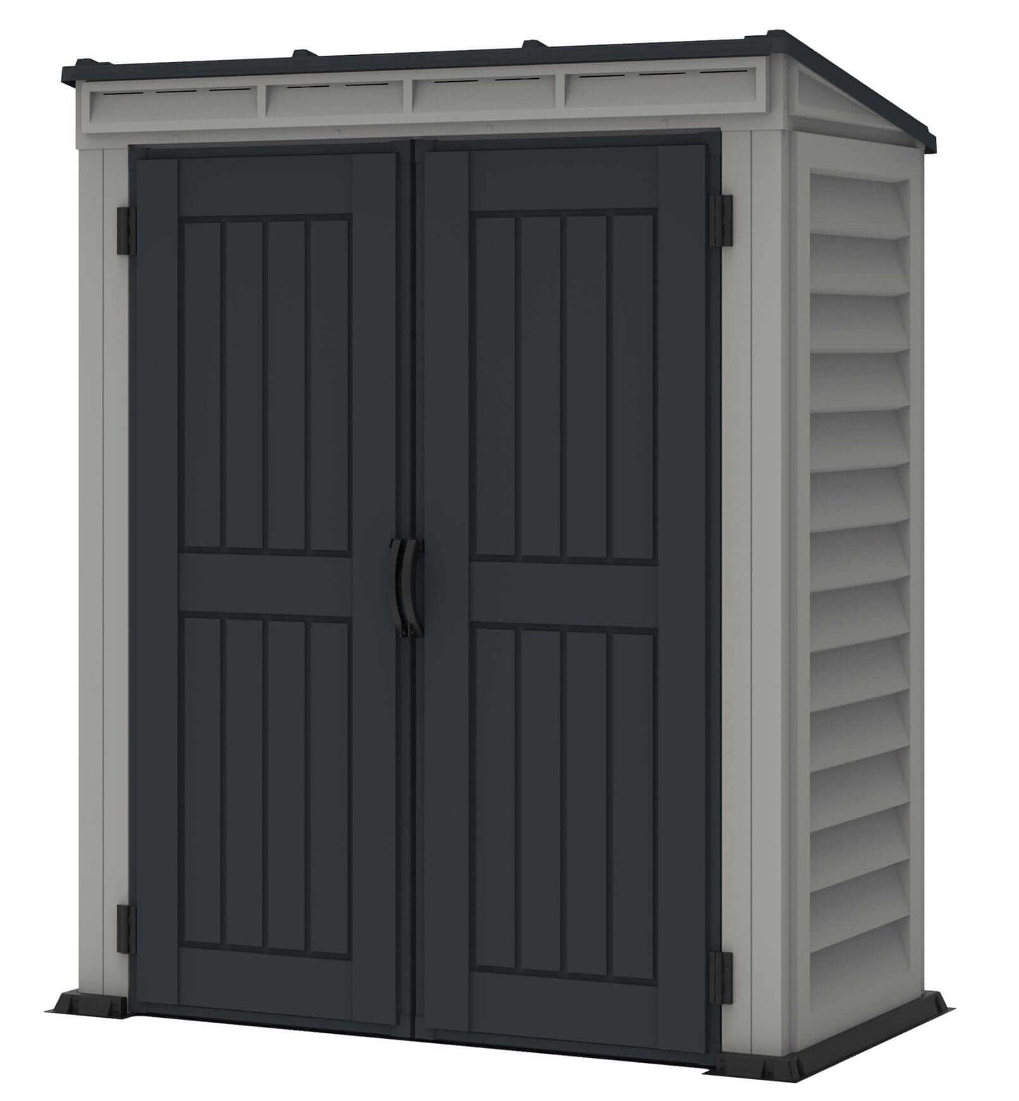 Duramax 5x3 YardMate Vinyl Shed with Pent Roof and double doors for outdoor storage.