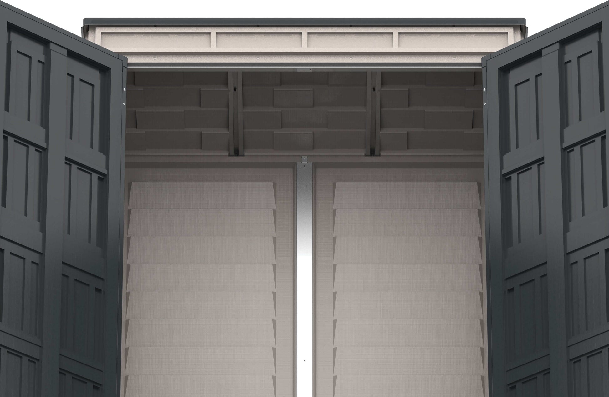 Duramax Vinyl Shed 5x3 YardMate pent roof interior showing double doors and storage space.