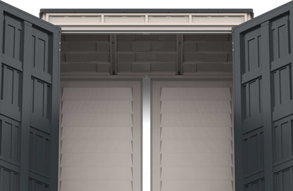 Duramax Vinyl Shed 5x3 YardMate pent roof interior showing double doors and storage space.