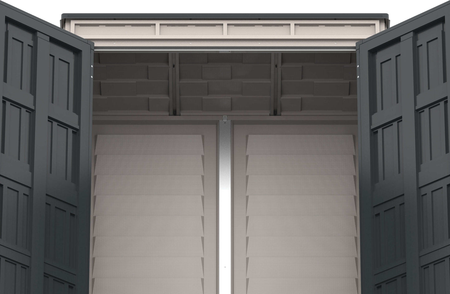 Duramax Vinyl Shed 5x3 YardMate pent roof interior showing double doors and storage space.