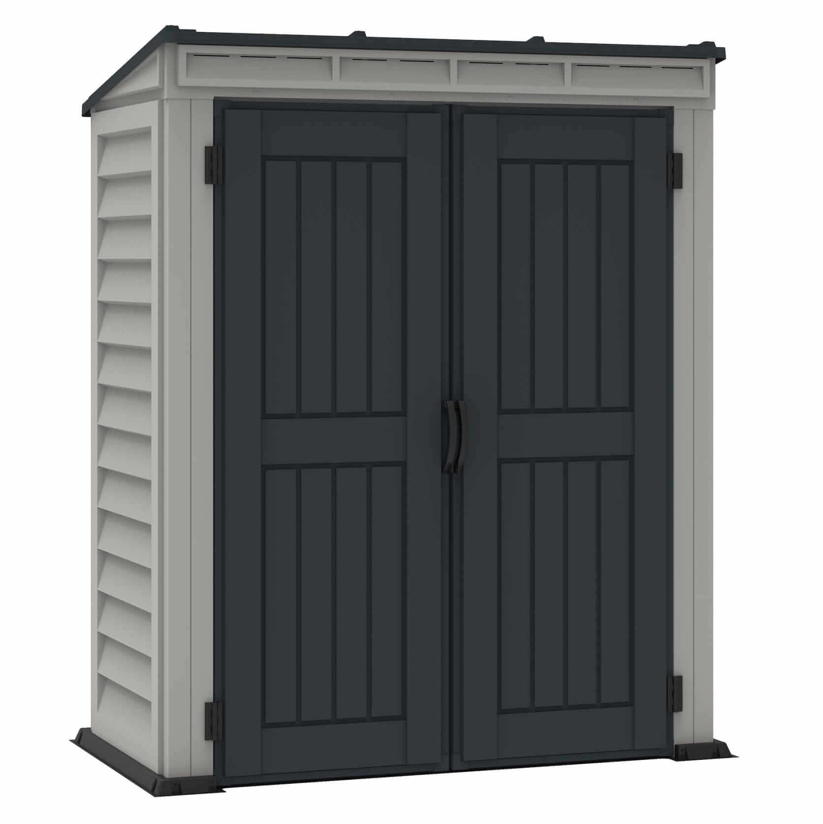 Duramax Vinyl Shed 5x3 YardMate with pent roof and double doors, designed for outdoor storage.