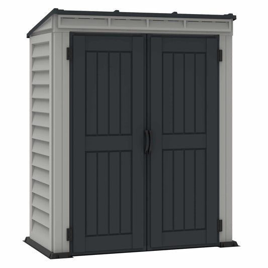 Duramax Vinyl Shed 5x3 YardMate with pent roof and double doors, designed for outdoor storage. 