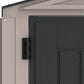 Close-up of the Duramax Vinyl Shed door hinge and panel, showcasing durable construction and easy assembly.