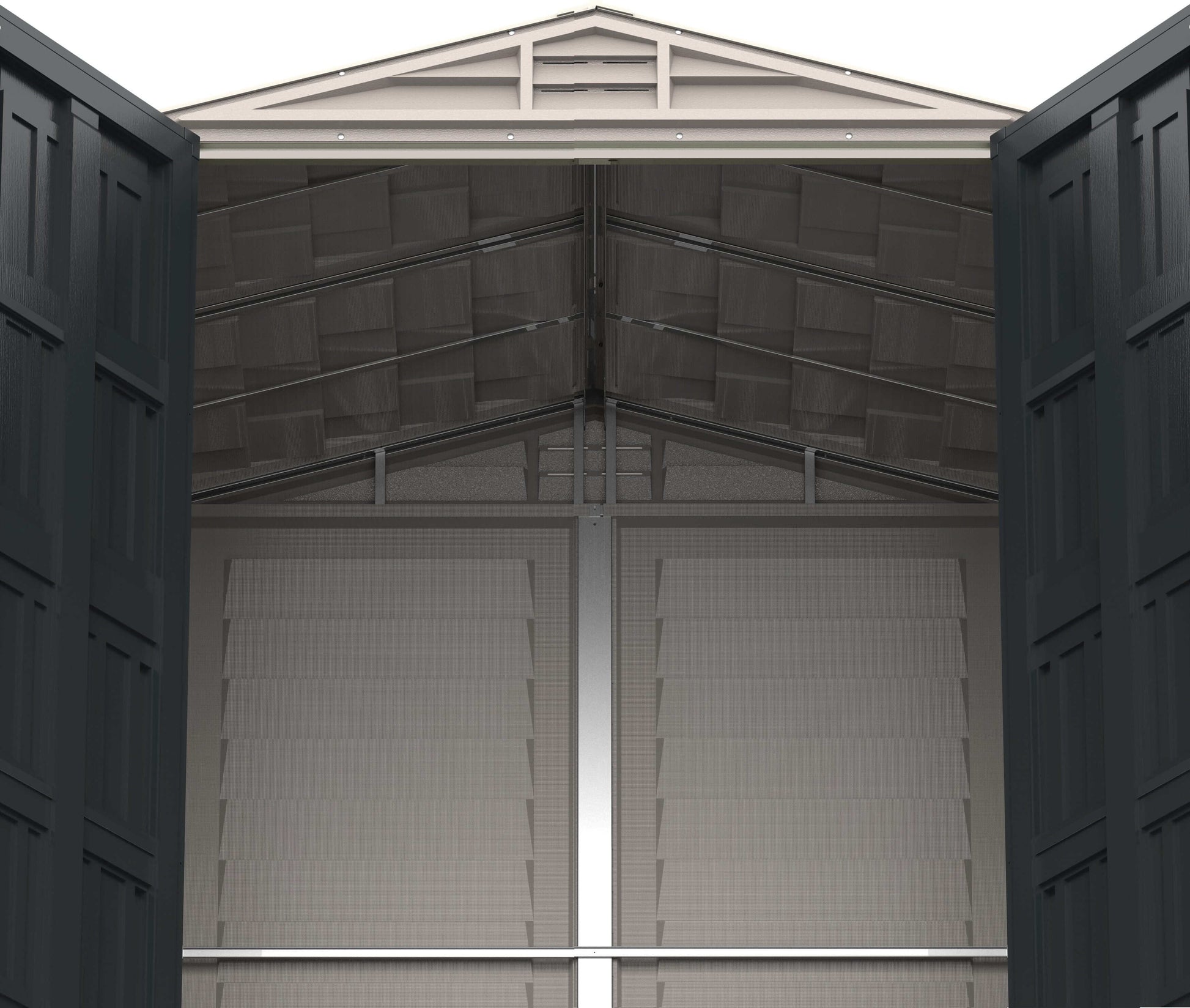 Interior view of Duramax Vinyl Shed 5x5 showing spacious storage and sturdy construction with double doors.