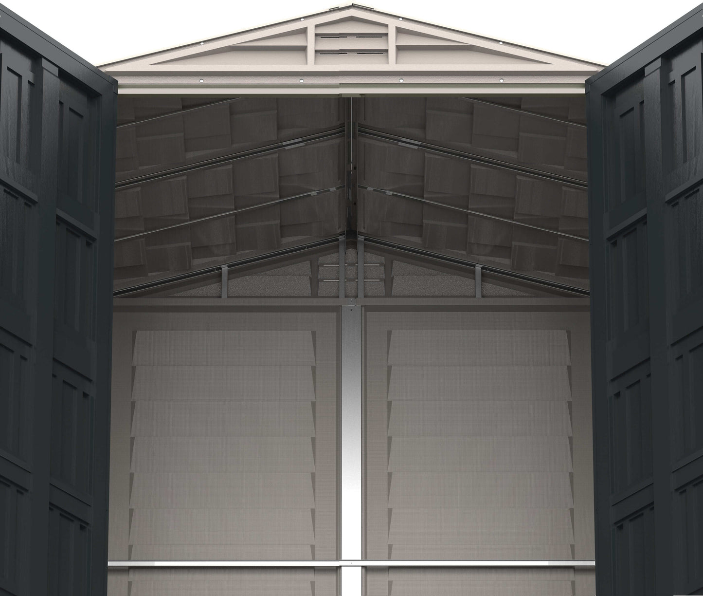 Interior view of Duramax Vinyl Shed 5x5 showing spacious storage and sturdy construction with double doors.