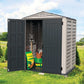 Duramax Vinyl Shed 5x5 YardMate Plus with tools and gardening supplies, ideal outdoor storage solution.