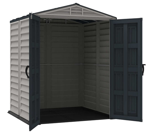 Open Duramax Vinyl Shed 5x5 YardMate Plus with floor, showcasing storage space and easy access.