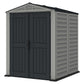 Duramax 5x5 YardMate Plus vinyl shed with double doors and floor, ideal for backyard storage solutions.