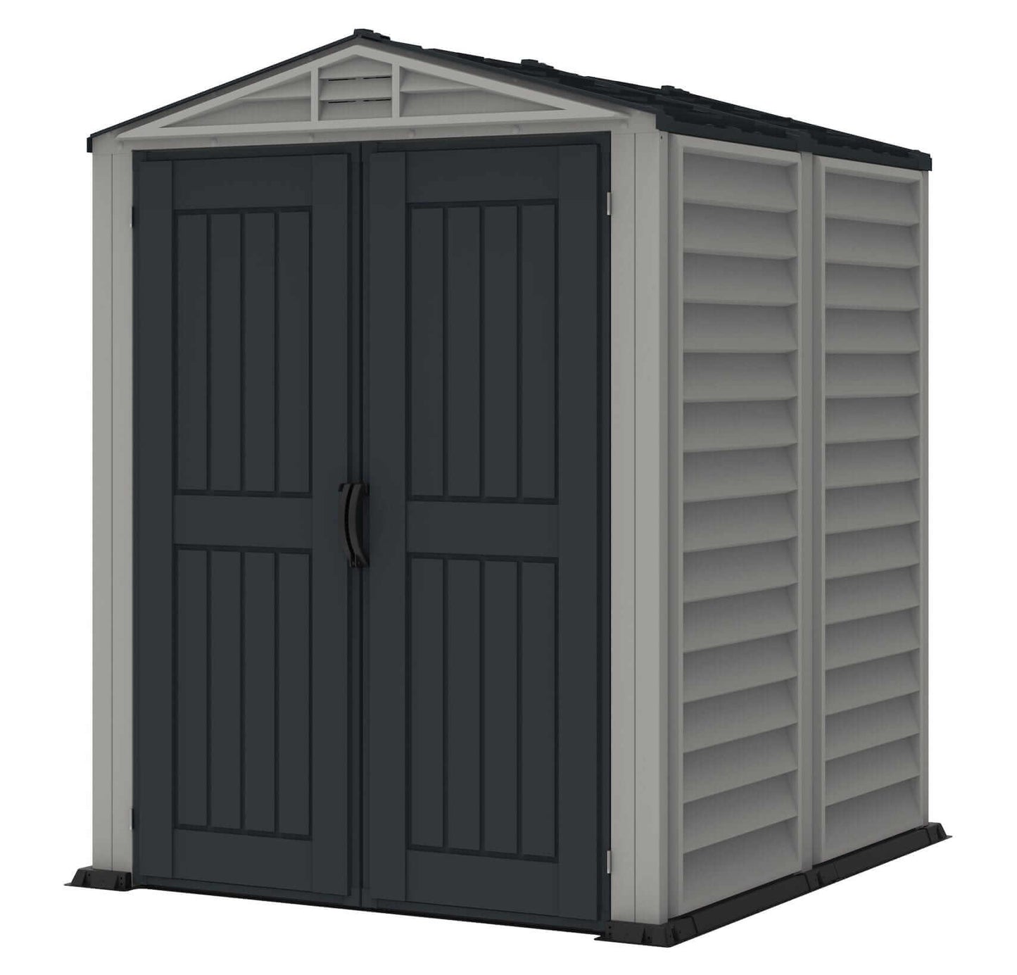 Duramax 5x5 YardMate Plus vinyl shed with double doors and floor, ideal for backyard storage solutions.