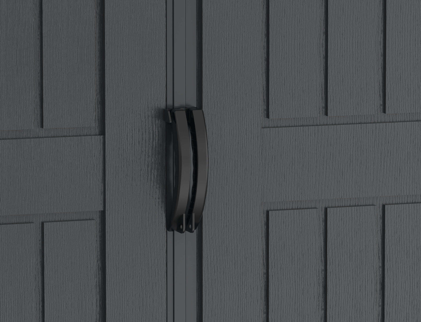 Close-up of Duramax Vinyl Shed door handle, showcasing the sleek black design on textured gray panels.