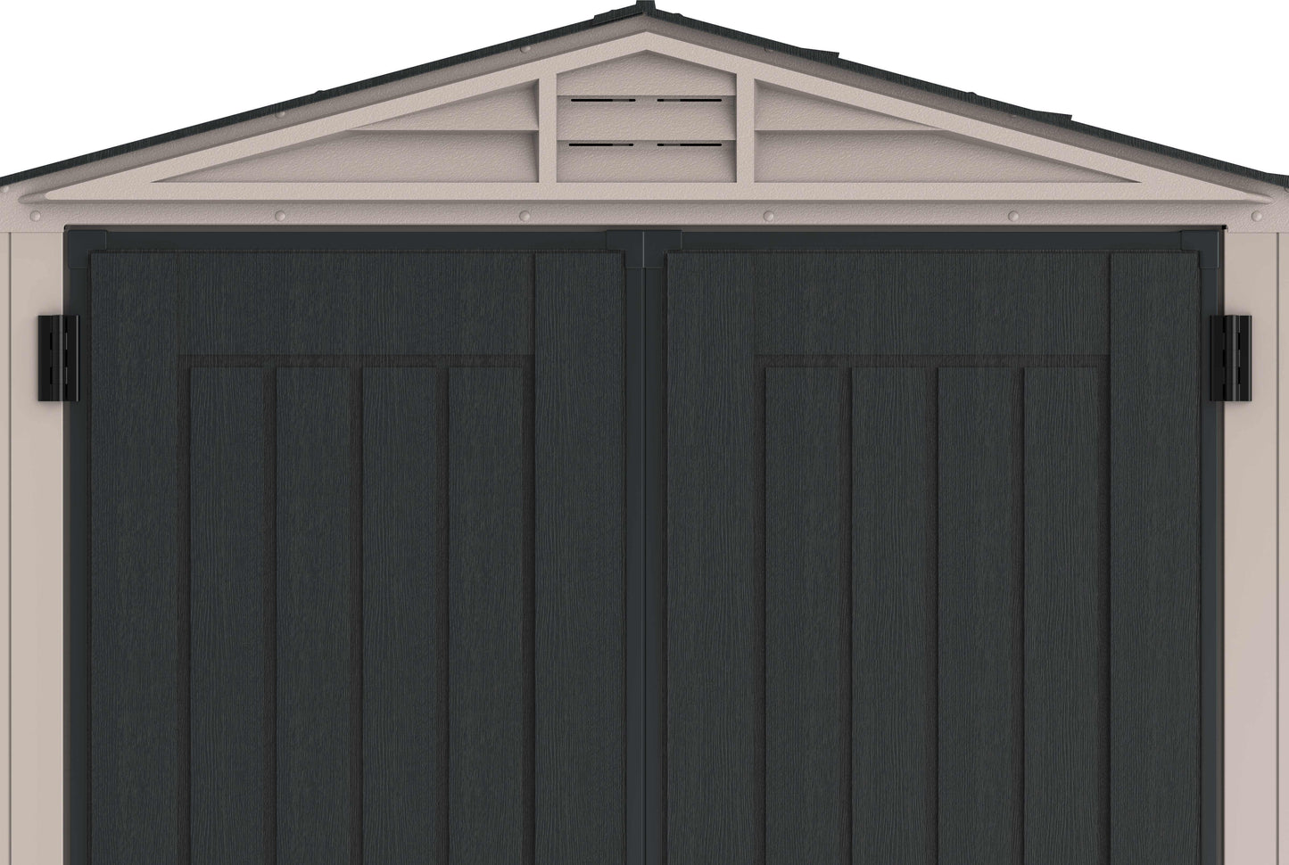 Duramax Vinyl Shed 5x5 YardMate Plus front view with double doors and vent, ideal for tool storage.