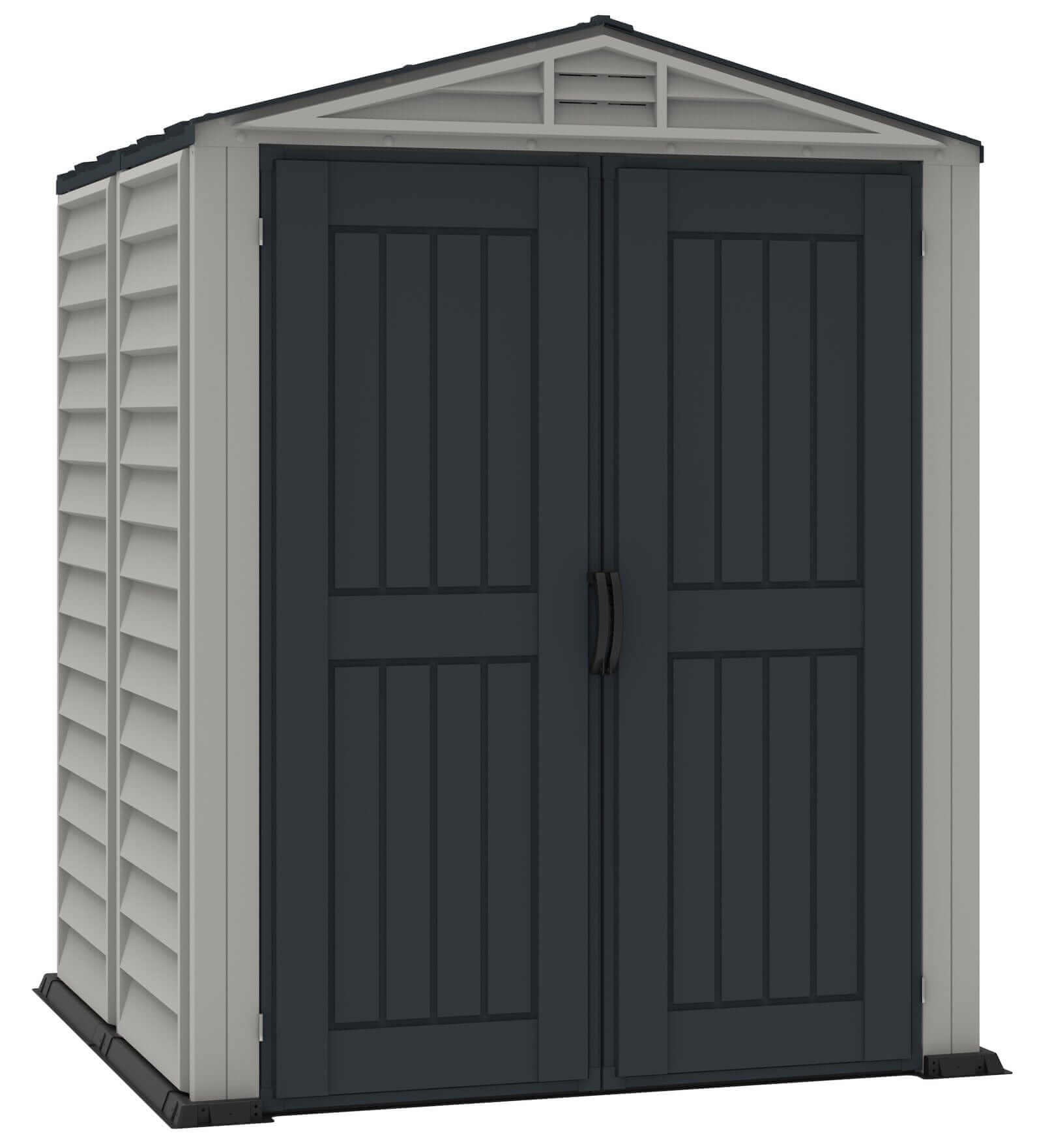 Duramax Vinyl Shed 5x5 YardMate Plus with double doors for outdoor storage solutions.