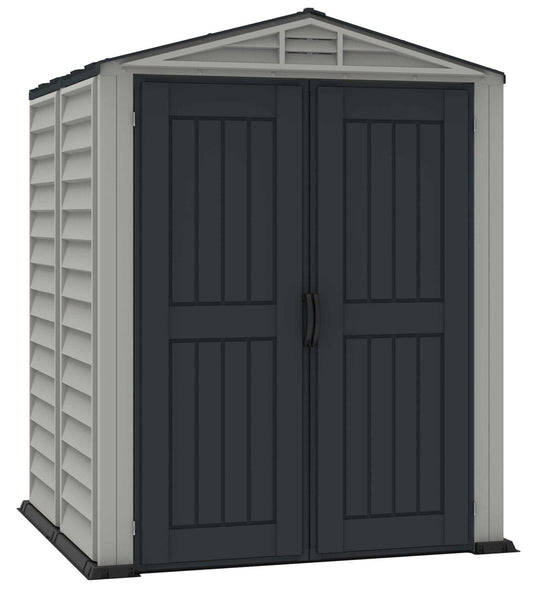 Duramax Vinyl Shed 5x5 YardMate Plus with double doors for outdoor storage solutions. 