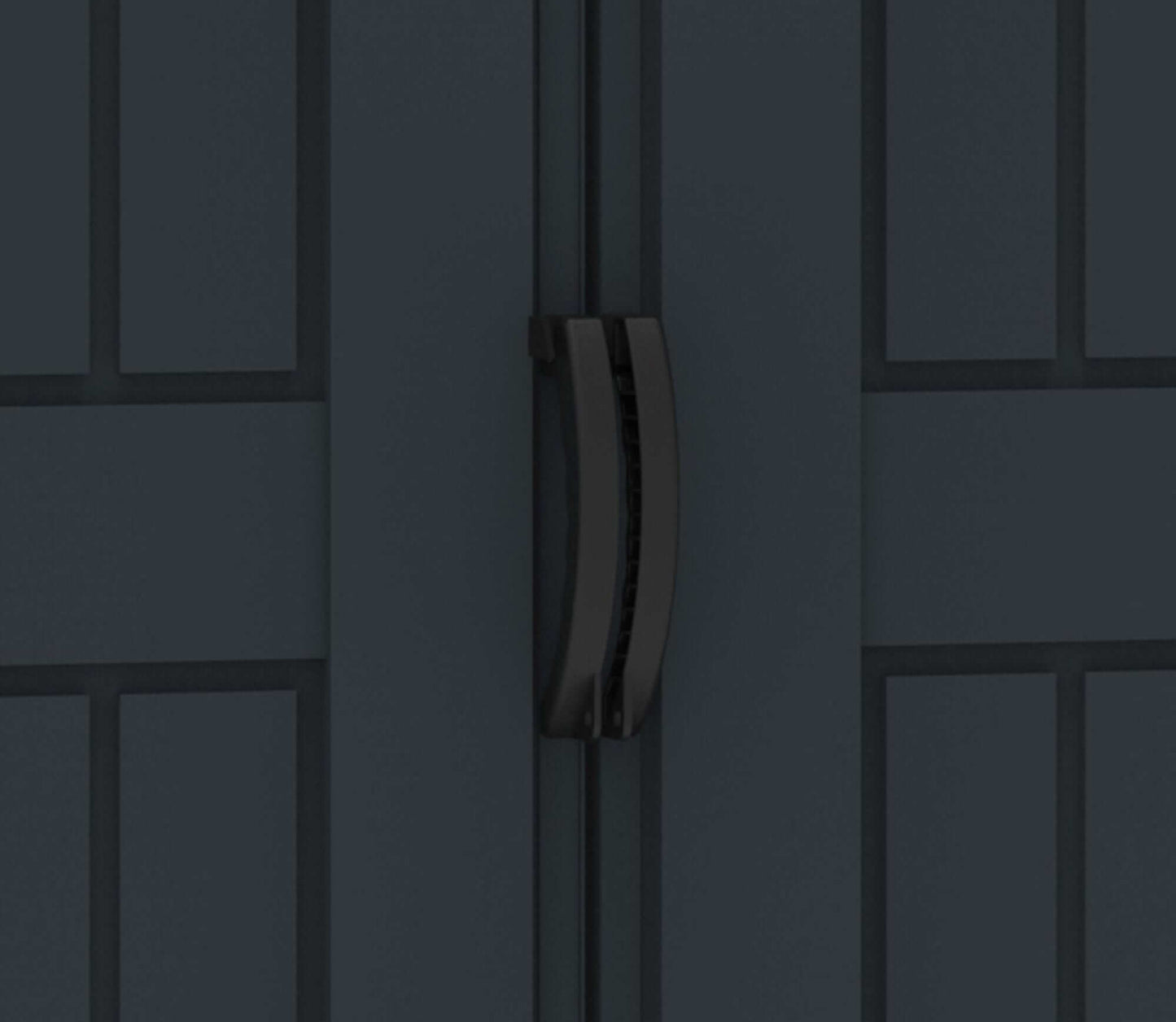 Close-up of Duramax vinyl shed door handle, featuring a sleek black design for secure access.